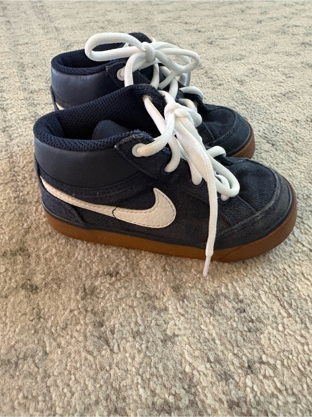 Nike Kids Navy High-Top Sneakers with White Swoosh and Gum Sole